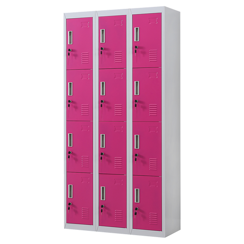 12-Door Locker – Grey with Pink Door with Standard Lock with 2 Keys | Secure Storage for Office, Gym or School Use