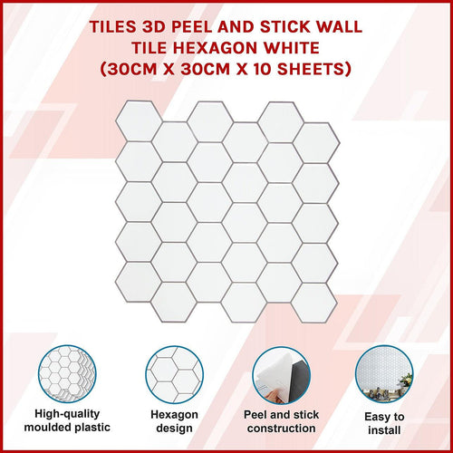 Tiles 3D Peel and Stick Wall Tile Hexagon White 10 Sheets