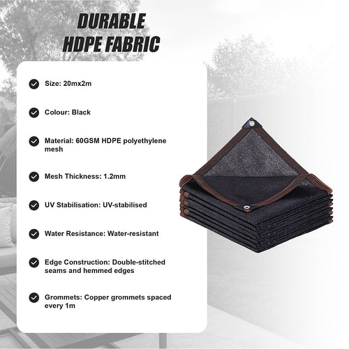 Fence Privacy Screen – 20mx2m Black HDPE Mesh Windscreen
