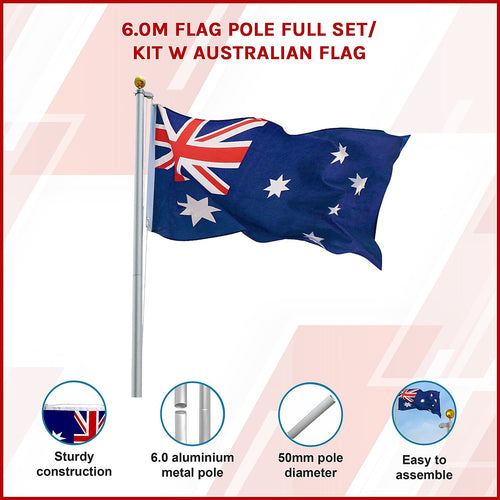 6m Aluminium Flag Pole Kit with Australian Flag – Outdoor Full Set