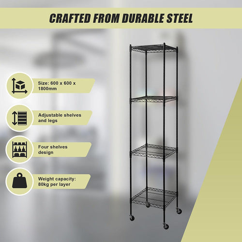 Modular Wire Storage Shelf 450 x 450 x 1800mm Steel Shelving - Baking Black Technology with Wheels