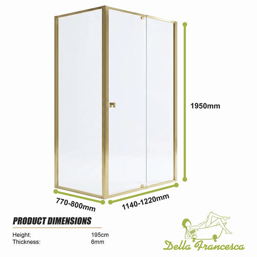Adjustable Semi Frameless Shower Screen Front: (114~122)x195cm with Gold Hardware and Side: (77~80)x195cm