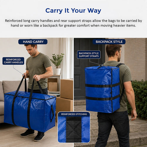 88L Heavy Duty Moving Storage Bags 6 Pack Reinforced Carry Bags with Handles, Straps & Zip for Clothes, Bedding & Moving