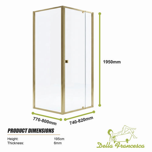 Adjustable Semi Frameless Shower Screen Front: (74~82)x195cm with Gold Hardware and Side: (77~80)x195cm