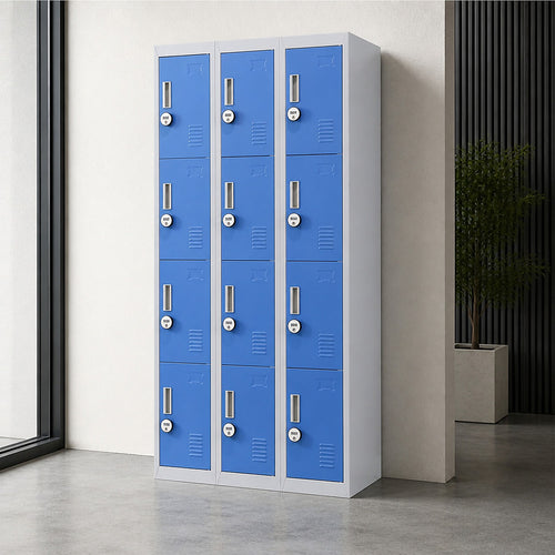 12-Door Steel Locker – Grey with Blue Door, 4-Digit Combination Lock
