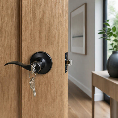 Door Handle Set Lever – Key Lock Function with Wave-style Black Design and Functional Style