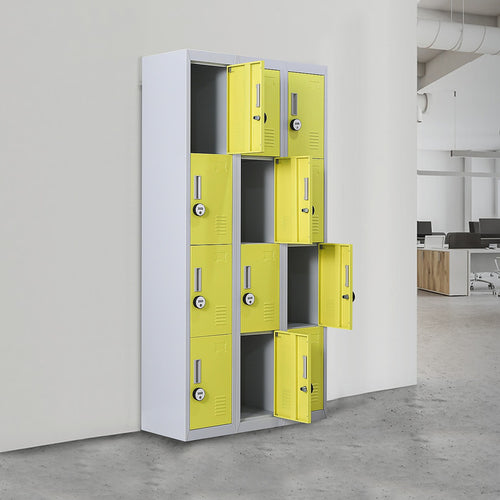 12-Door Locker – Grey with Yellow Door with 4-Digit Combination Lock | Secure Storage for Office, Gym or School Use