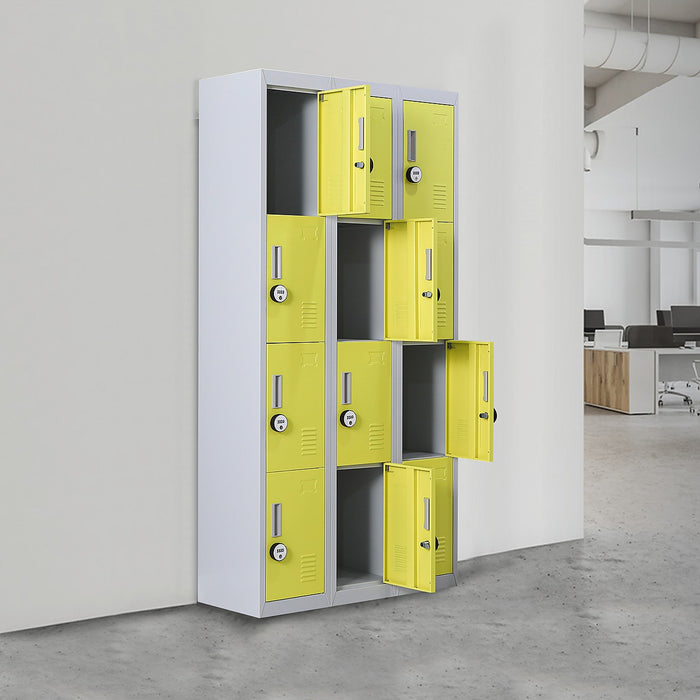 12 Door Locker for Office Gym School Home in Grey with Yellow Door - 4-Digit Combination Lock