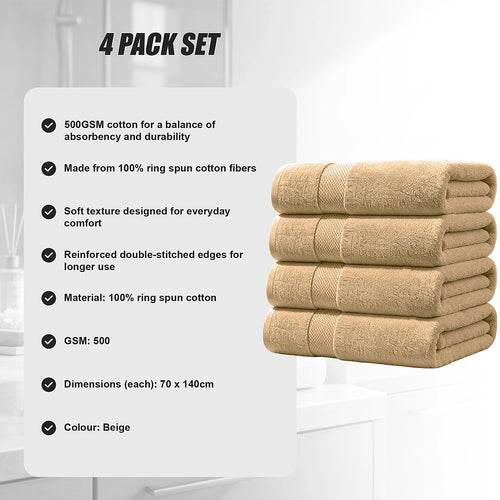 500 GSM Cotton Bath Towels 4 Pack Beige