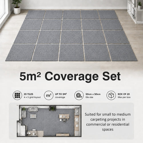 Commercial Carpet Tiles – 50x50cm Grey, 20-Tile Pack, 5 sqm Coverage