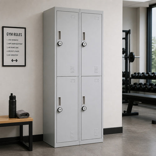 4-Door Metal Locker – 2x2 Layout, Grey, 4-Digit Combination Lock