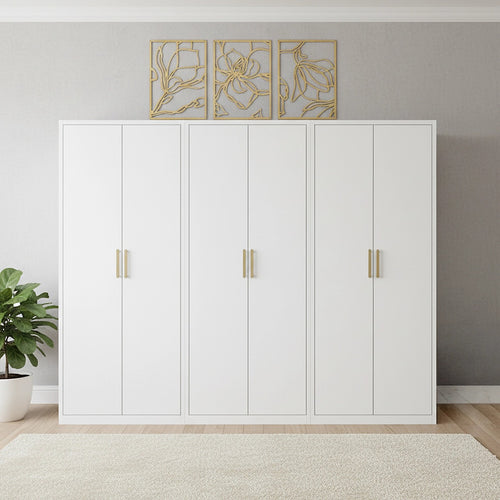 240x200cm 6-Door White Steel 1 Hanging and 2 Shelf Wardrobe with Gold Handle Storage Cabinet