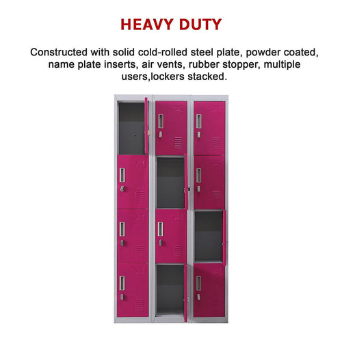 Grey with Pink Door 12-Door Locker for Office Gym Shed School Home Storage - Padlock-operated