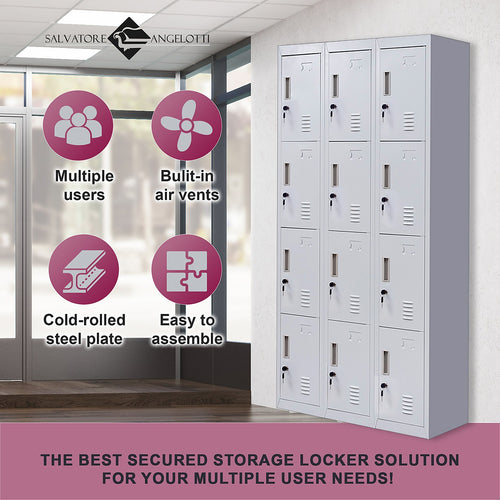 12-Door Locker – Grey with Standard Lock with 2 Keys | Secure Storage for Office, Gym or School Use