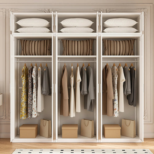 240x240cm 6-Door White Steel Hanging Wardrobe with White Handle Storage Cabinet