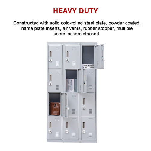 12-Door Locker – Grey with 3-Digit Combination Lock | Secure Storage for Office, Gym or School Use