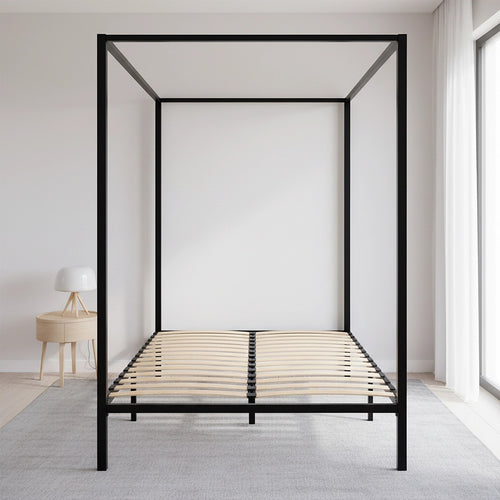 4-Poster Queen Bed Frame – Sturdy Black Modern Canopy Bed for Bedroom