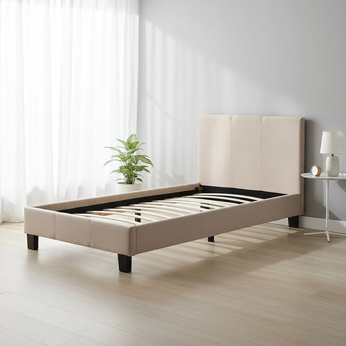 Single Size Bed Frame with Headboard – Beige Linen Fabric