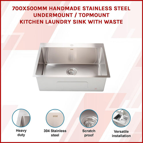 700x500mm Stainless Steel Handmade 1.5mm Sink with Waste in Stainless Steel with brushed finish Finish