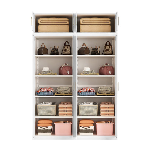 160x240cm 4-Door White Steel Shelf Wardrobe with Gold Handle Storage Cabinet