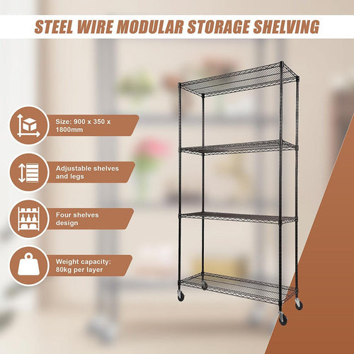 Modular Wire Storage Shelf 900 x 350 x 1800mm Steel Shelving - Baking Black Technology with Wheels