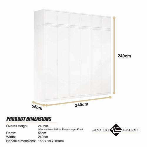 240x240cm 6-Door White Steel 2 Hanging and 1 Shelf Wardrobe with White Handle Storage Cabinet