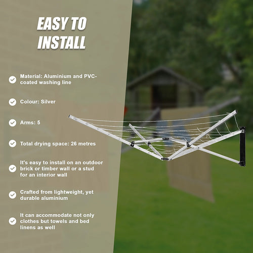 26m 5 Arm Wall Hang Mountable Clothes Airer Dryer Washing Line Bathroom Kitchen