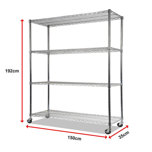 Modular Wire Storage Shelf 1500 x 350 x 1800mm Steel Shelving - Carbon Chrome Plated with Wheels