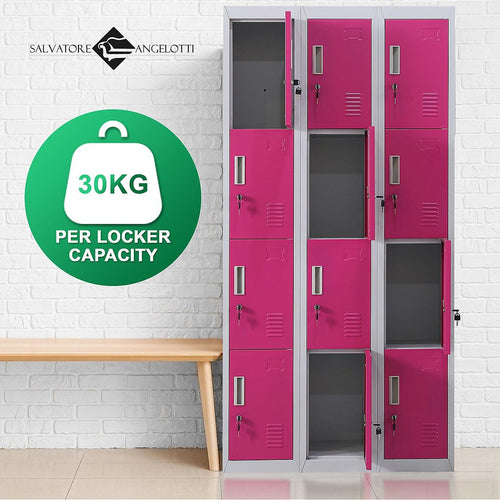 Grey with Pink Door 12-Door Locker for Office Gym Shed School Home Storage - Standard Lock with 2 Keys