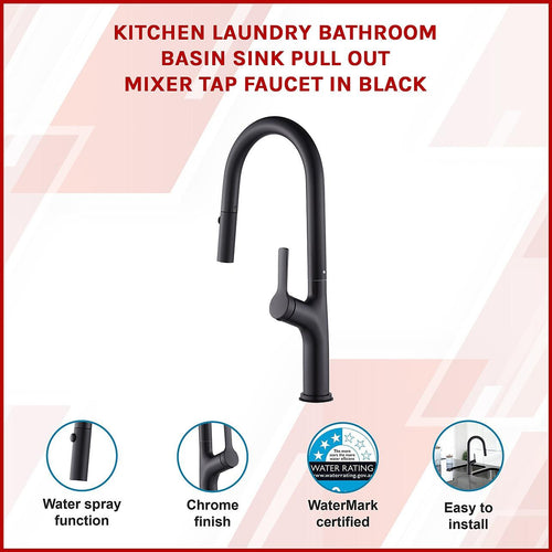 Kitchen Laundry Bathroom Basin Sink Pull Out Mixer Tap Faucet - Black