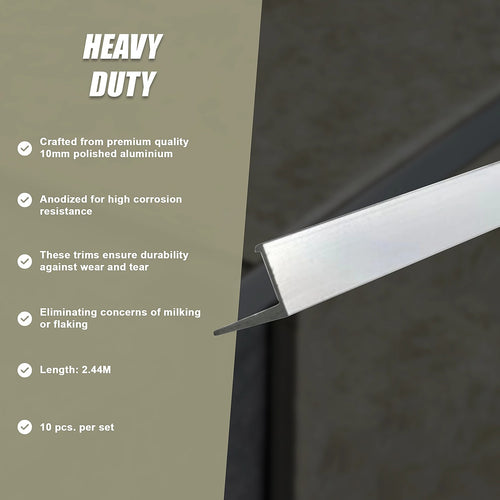 10 x Tile Trim Heavy Duty L Shaped Edge Polished Aluminium  10mm 