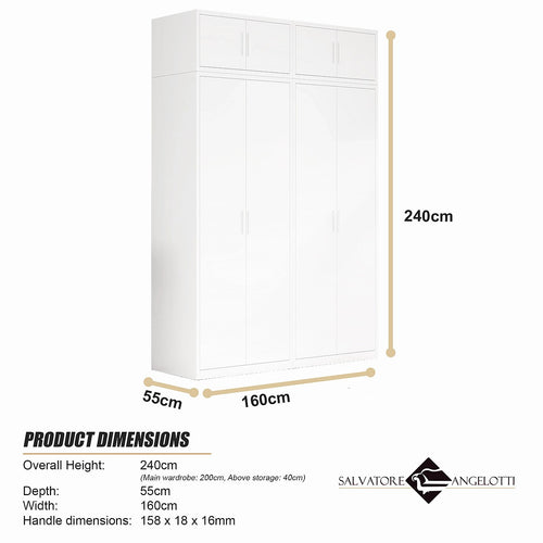 160x240cm 4-Door White Steel Hanging Wardrobe with White Handle Storage Cabinet