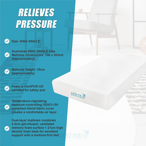 King Single 25cm Gel Memory Foam Mattress Dual-Layered - CertiPUR-US