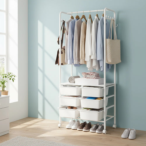 Metal Open Wardrobe Modern Storage Cabinet Tall Clothes Drawers Hanger Coat Rack