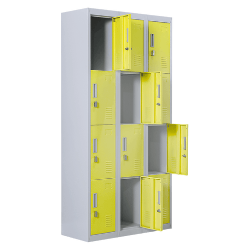 Grey with Yellow Door 12-Door Locker for Office Gym Shed School Home Storage - Padlock-operated