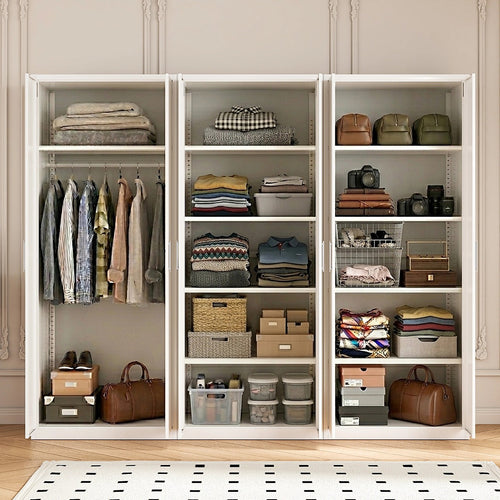 240x200cm 6-Door White Steel 1 Hanging and 2 Shelf Wardrobe with White Handle Storage Cabinet
