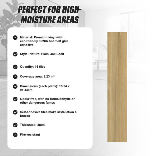 Self Adhesive Vinyl Floor Tiles Peel & Stick Flooring Natural Plain Oak 16 Pack 2.3m²