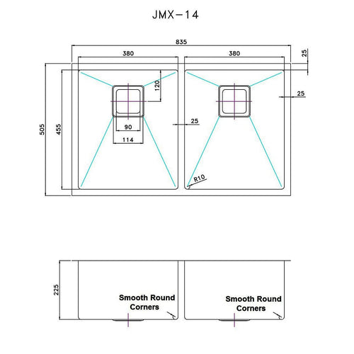835x505mm Handmade 1.5mm Stainless Steel Sink with Square Waste