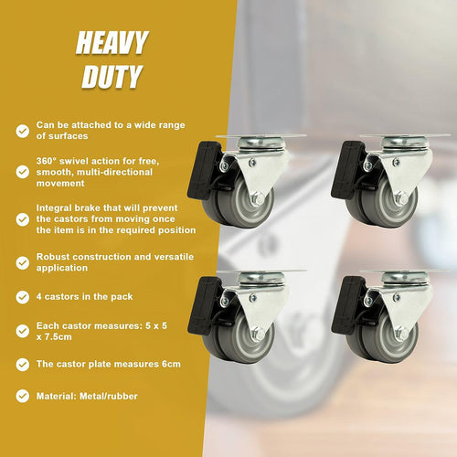 4 x 2" Heavy Duty Swivel Double Wide Castor Wheels Trolley 50mm Furniture Rubber With Brake