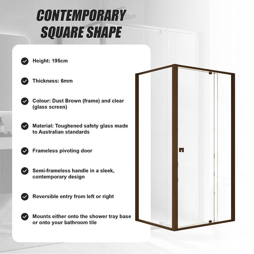 Semi-Frameless Shower Screen – Dust Brown, Front: (114~122)x195cm, Side: (98~101)x195cm