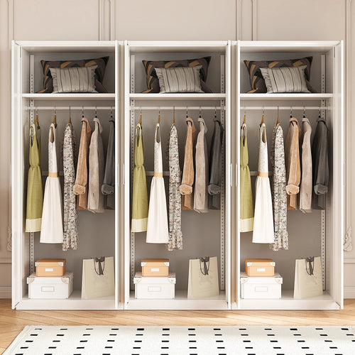 240x200cm 6-Door White Steel Hanging Wardrobe with White Handle Storage Cabinet