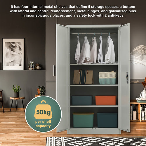 Double-Door Metal Cabinet with 4 Shelves – Office, Garage, or Home Storage in Grey without Legs
