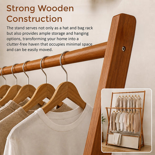 100x155cm Freestanding Clothes Rail Garment Rack in Dark Wood with Storage Shelf – Stylish, Space-Efficient Organiser