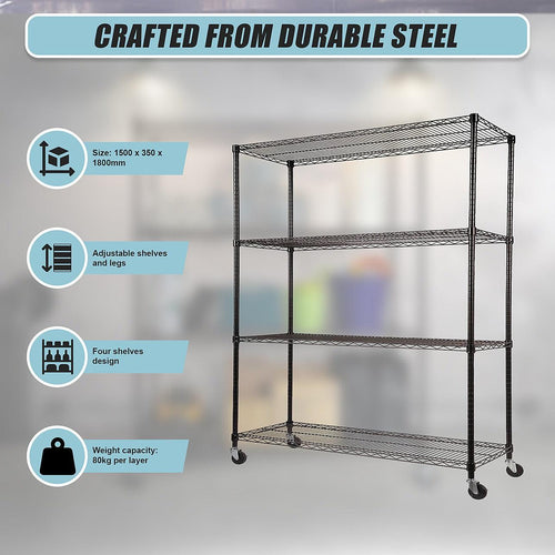 Modular Wire Storage Shelf 1500 x 350 x 1800mm Steel Shelving - Baking Black Technology with Wheels