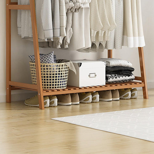 Portable Clothes Rack Coat Garment Stand Bamboo Rail - Dark Wood