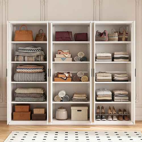 240x200cm 6-Door White Steel Shelf Wardrobe with Black Handle Storage Cabinet