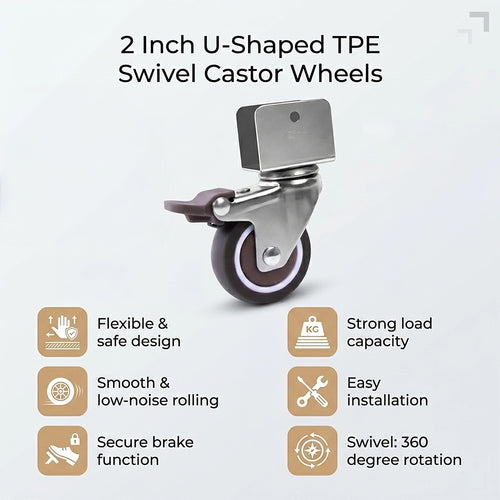 2 Inch U-Shaped TPE Swivel Castor Wheels Set of 4 with Brake