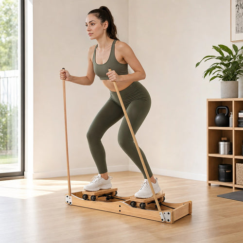 Home Ski Machine with Handrails – Rubber Wood Fitness Trainer