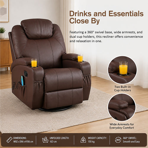 Heated Massage Chair – Brown PU Leather 360° Swivel Recliner