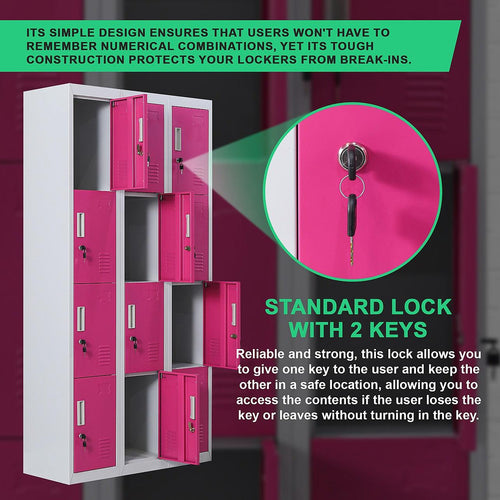Grey with Pink Door 12-Door Locker for Office Gym Shed School Home Storage - Standard Lock with 2 Keys